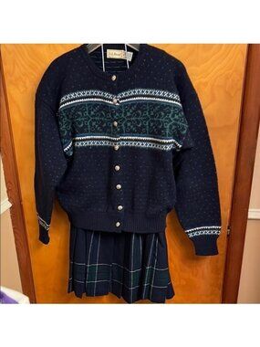 VINTAGE LL Bean 100% Wool Fair Isle Cardigan & Skirt Set Med/8 Petite Preppy